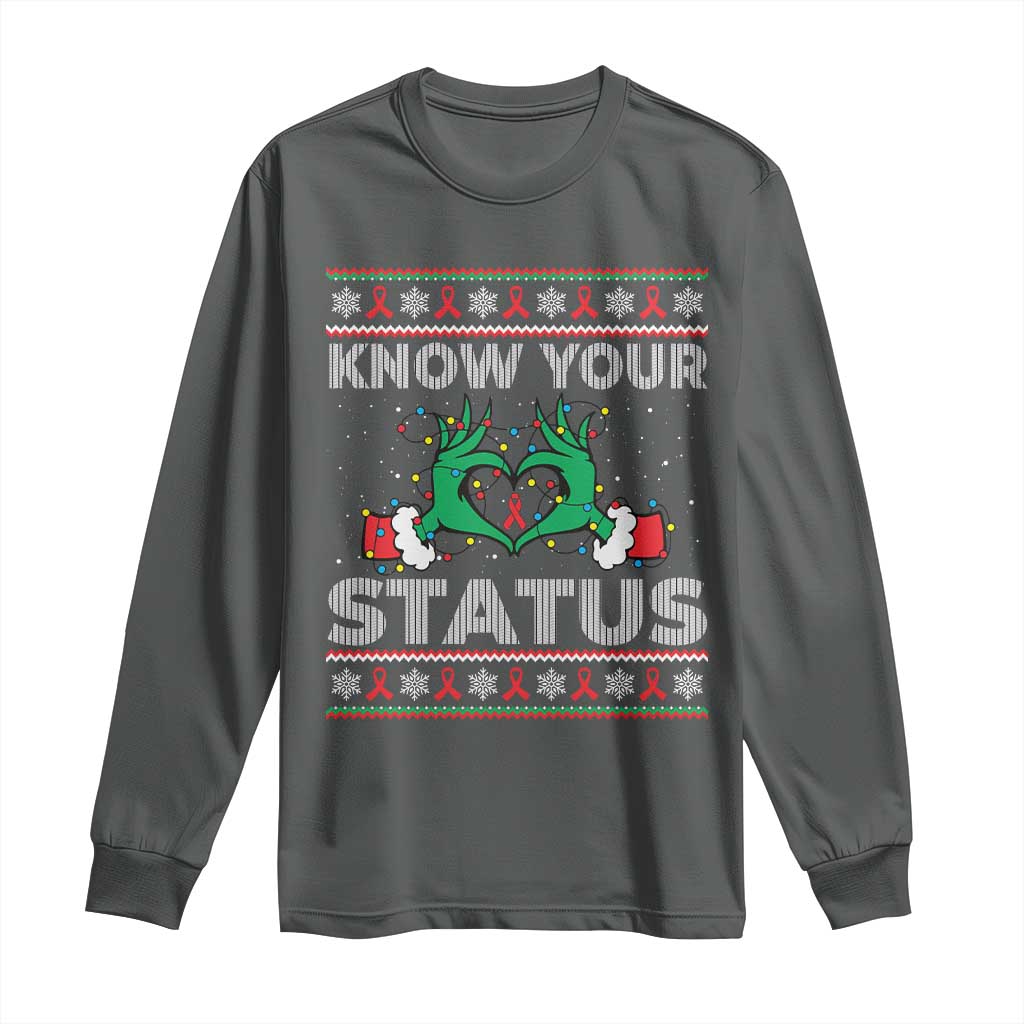 Know Your Status HIV Awareness Gift Long Sleeve Shirt Ugly Sweater Green Hand Red Ribbon - Wonder Print Shop