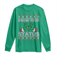 Know Your Status HIV Awareness Gift Long Sleeve Shirt Ugly Sweater Green Hand Red Ribbon - Wonder Print Shop