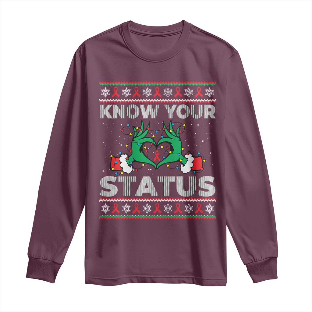 Know Your Status HIV Awareness Gift Long Sleeve Shirt Ugly Sweater Green Hand Red Ribbon - Wonder Print Shop