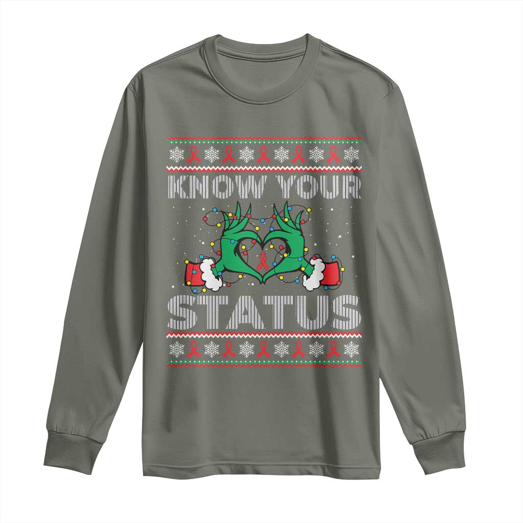 Know Your Status HIV Awareness Gift Long Sleeve Shirt Ugly Sweater Green Hand Red Ribbon - Wonder Print Shop