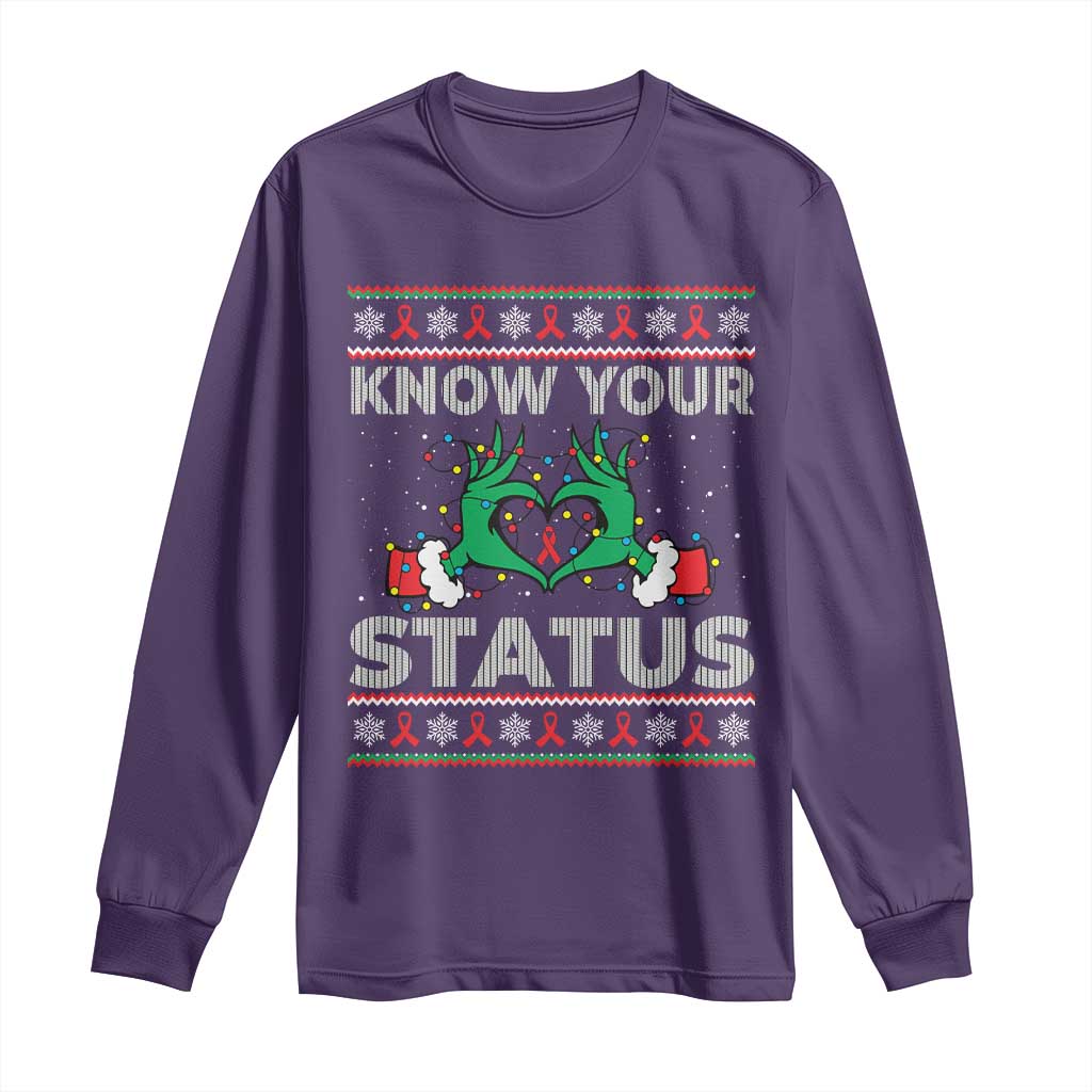 Know Your Status HIV Awareness Gift Long Sleeve Shirt Ugly Sweater Green Hand Red Ribbon - Wonder Print Shop