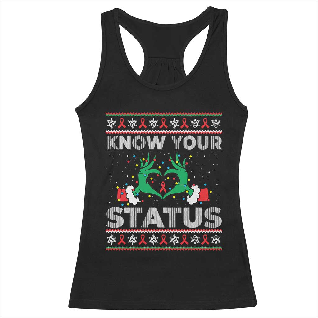 Know Your Status HIV Awareness Gift Racerback Tank Top Ugly Sweater Green Hand Red Ribbon - Wonder Print Shop