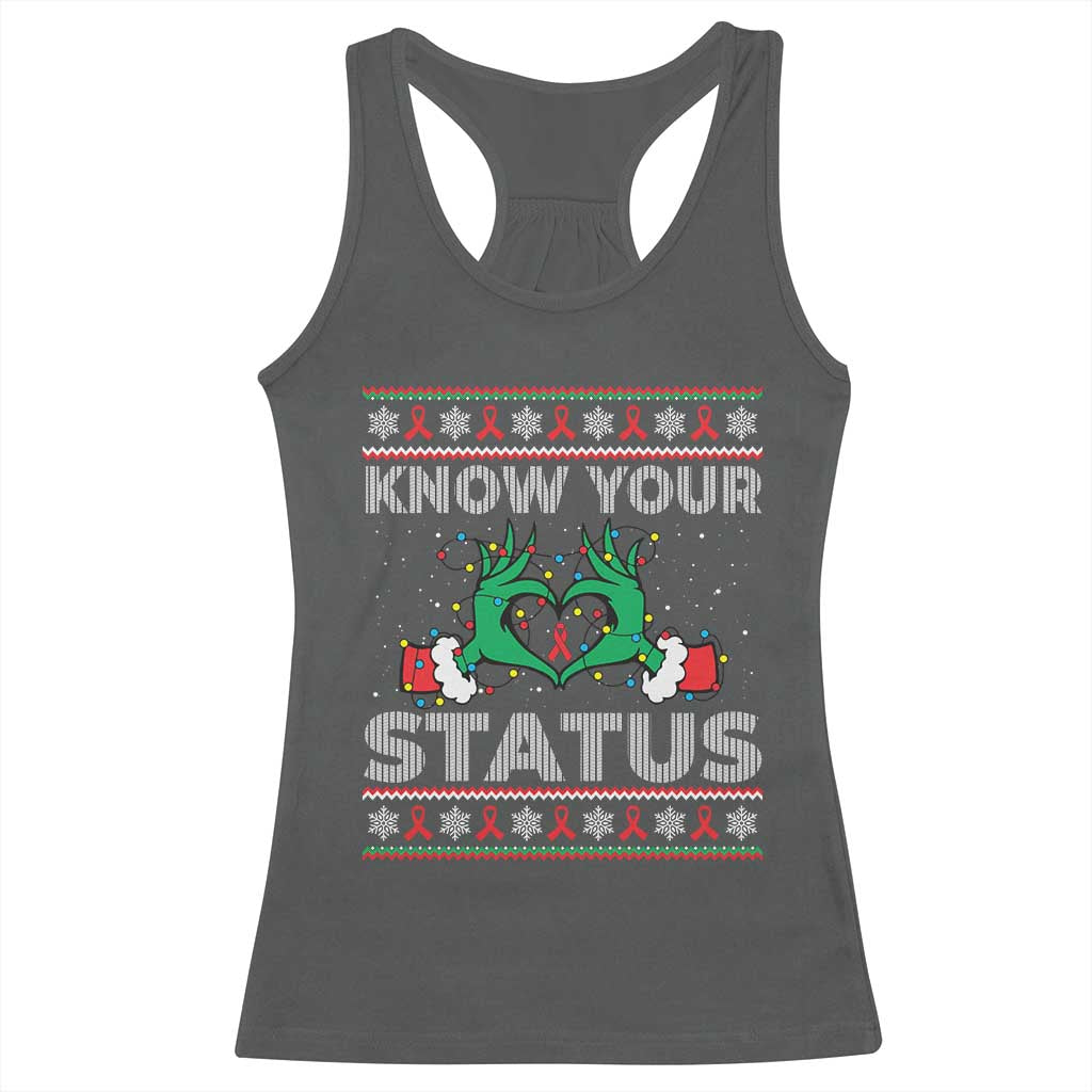 Know Your Status HIV Awareness Gift Racerback Tank Top Ugly Sweater Green Hand Red Ribbon - Wonder Print Shop