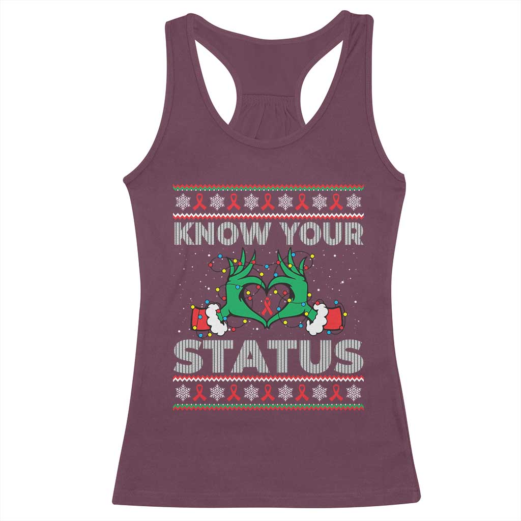 Know Your Status HIV Awareness Gift Racerback Tank Top Ugly Sweater Green Hand Red Ribbon - Wonder Print Shop