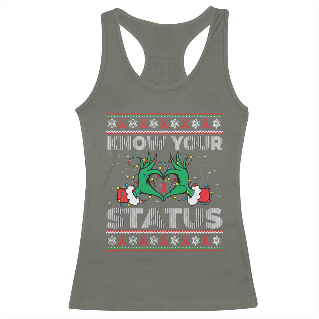 Know Your Status HIV Awareness Gift Racerback Tank Top Ugly Sweater Green Hand Red Ribbon - Wonder Print Shop