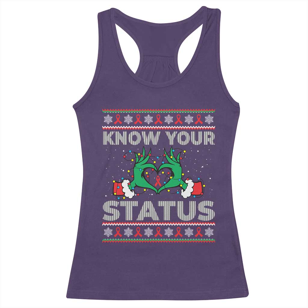 Know Your Status HIV Awareness Gift Racerback Tank Top Ugly Sweater Green Hand Red Ribbon - Wonder Print Shop