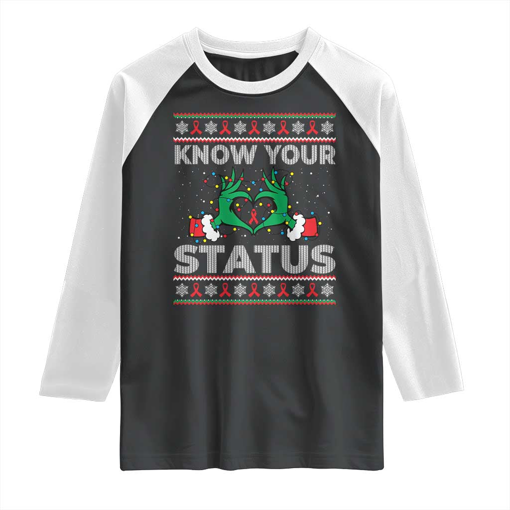 Know Your Status HIV Awareness Gift Raglan Shirt Ugly Sweater Green Hand Red Ribbon - Wonder Print Shop