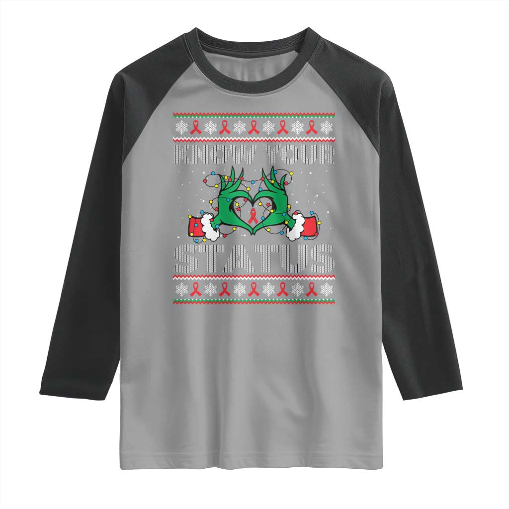 Know Your Status HIV Awareness Gift Raglan Shirt Ugly Sweater Green Hand Red Ribbon - Wonder Print Shop