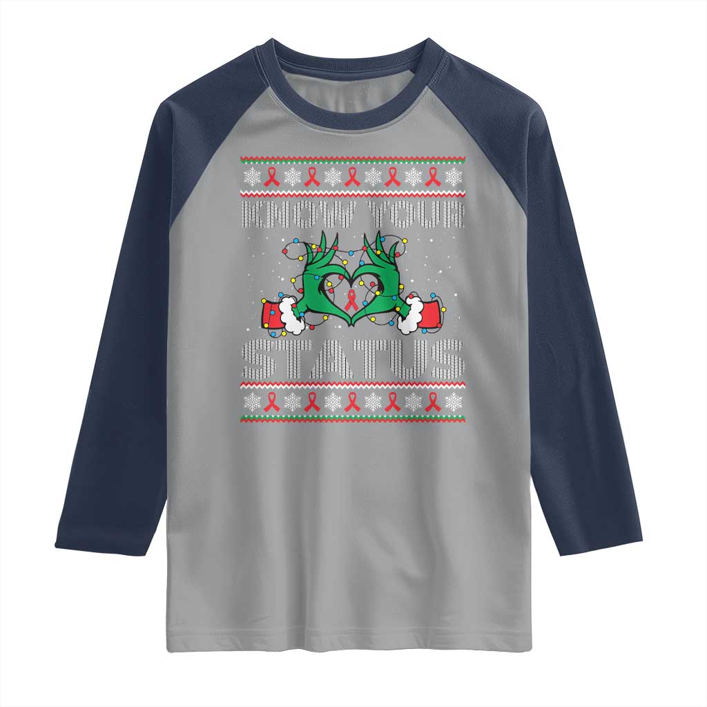Know Your Status HIV Awareness Gift Raglan Shirt Ugly Sweater Green Hand Red Ribbon - Wonder Print Shop