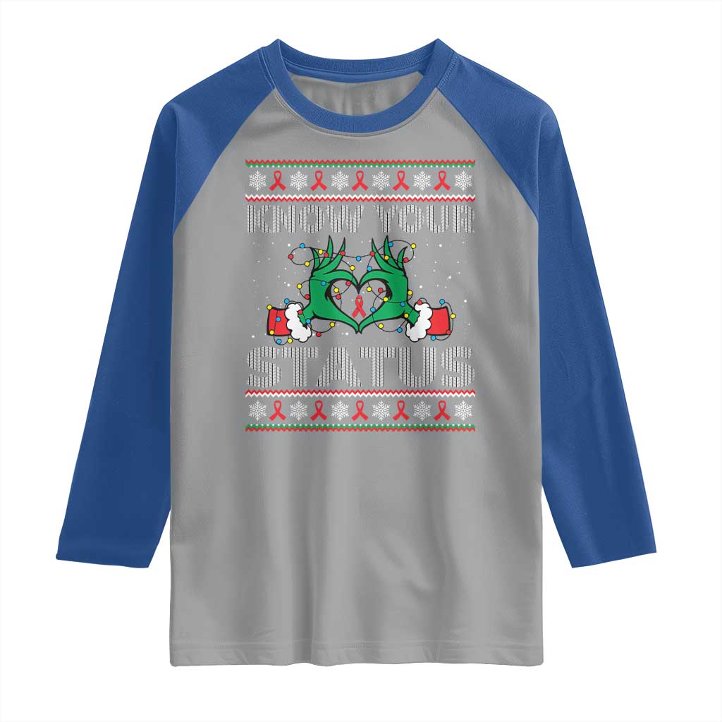 Know Your Status HIV Awareness Gift Raglan Shirt Ugly Sweater Green Hand Red Ribbon - Wonder Print Shop