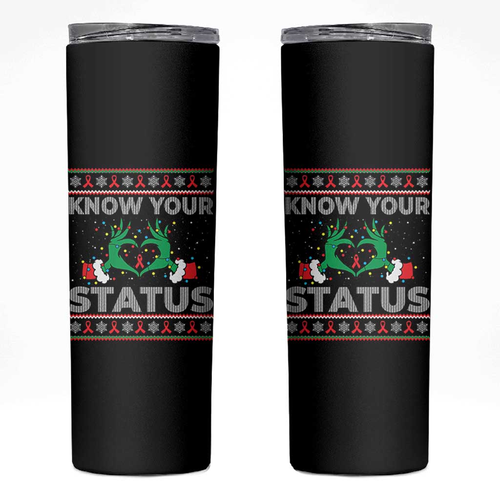Know Your Status HIV Awareness Gift Skinny Tumbler Ugly Sweater Green Hand Red Ribbon - Wonder Print Shop