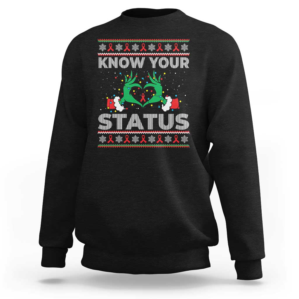 Know Your Status HIV Awareness Gift Sweatshirt Ugly Sweater Green Hand Red Ribbon - Wonder Print Shop