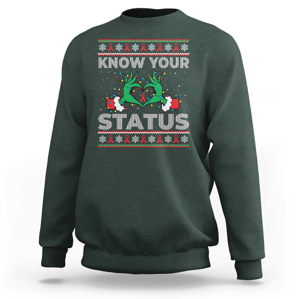 Know Your Status HIV Awareness Gift Sweatshirt Ugly Sweater Green Hand Red Ribbon - Wonder Print Shop