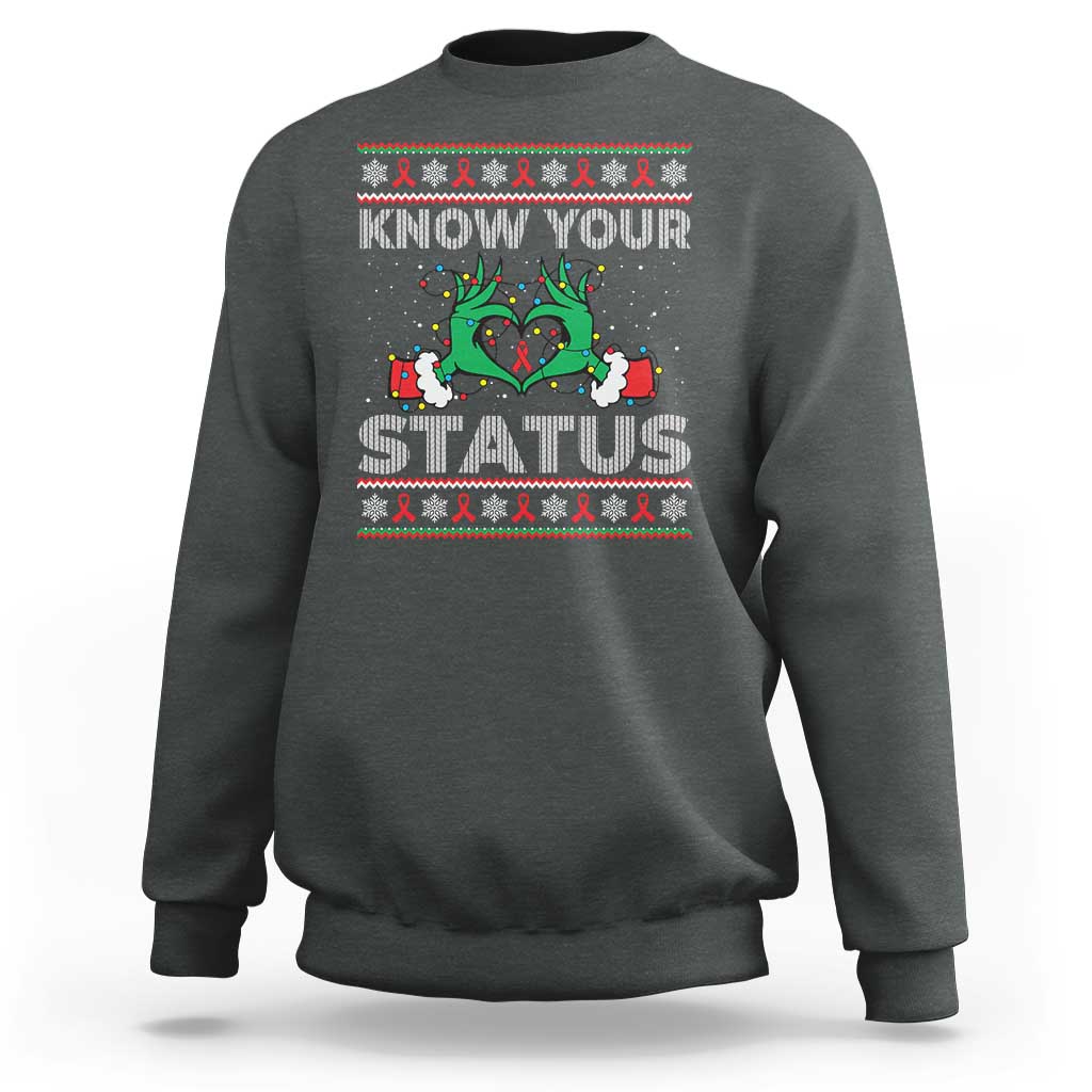 Know Your Status HIV Awareness Gift Sweatshirt Ugly Sweater Green Hand Red Ribbon - Wonder Print Shop