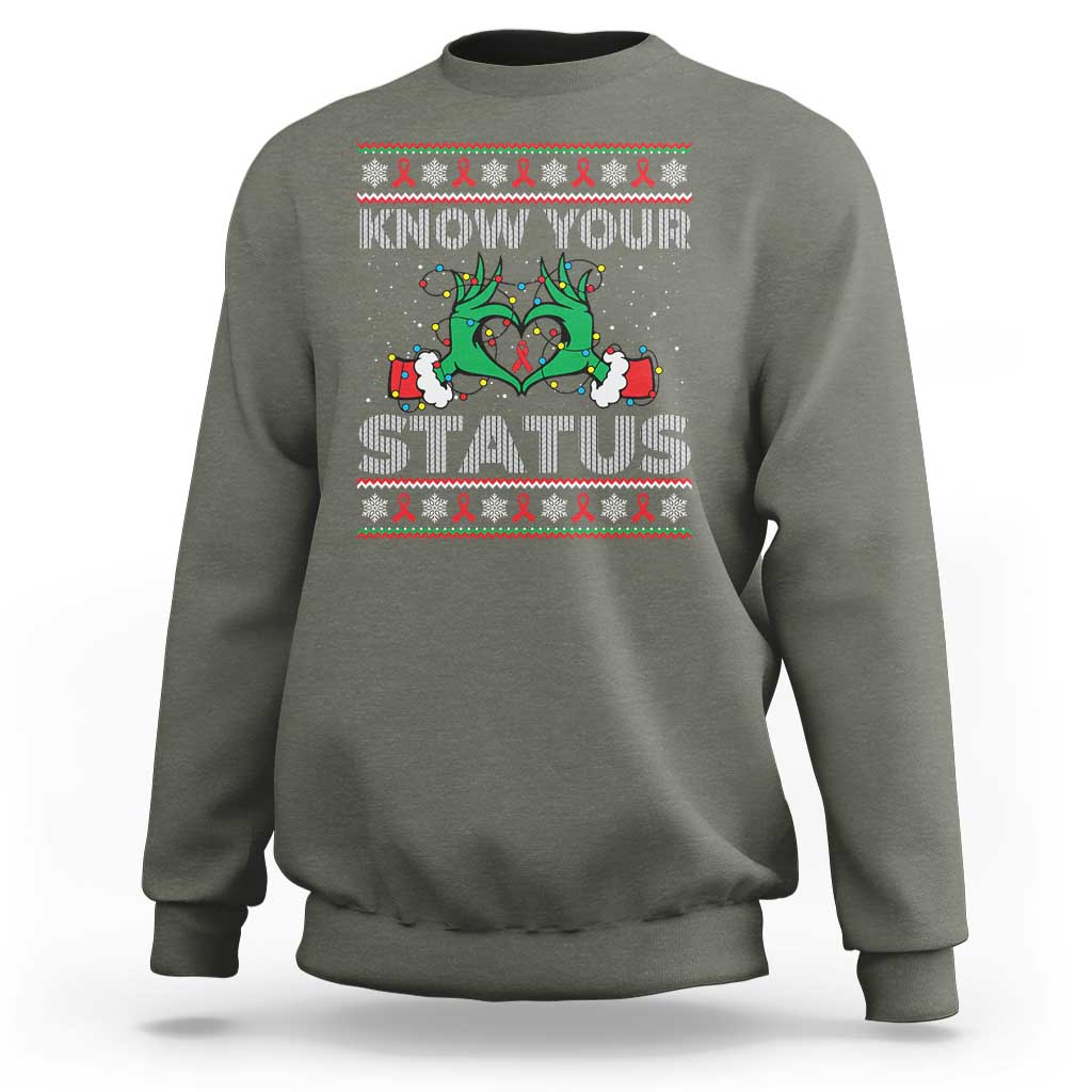 Know Your Status HIV Awareness Gift Sweatshirt Ugly Sweater Green Hand Red Ribbon - Wonder Print Shop