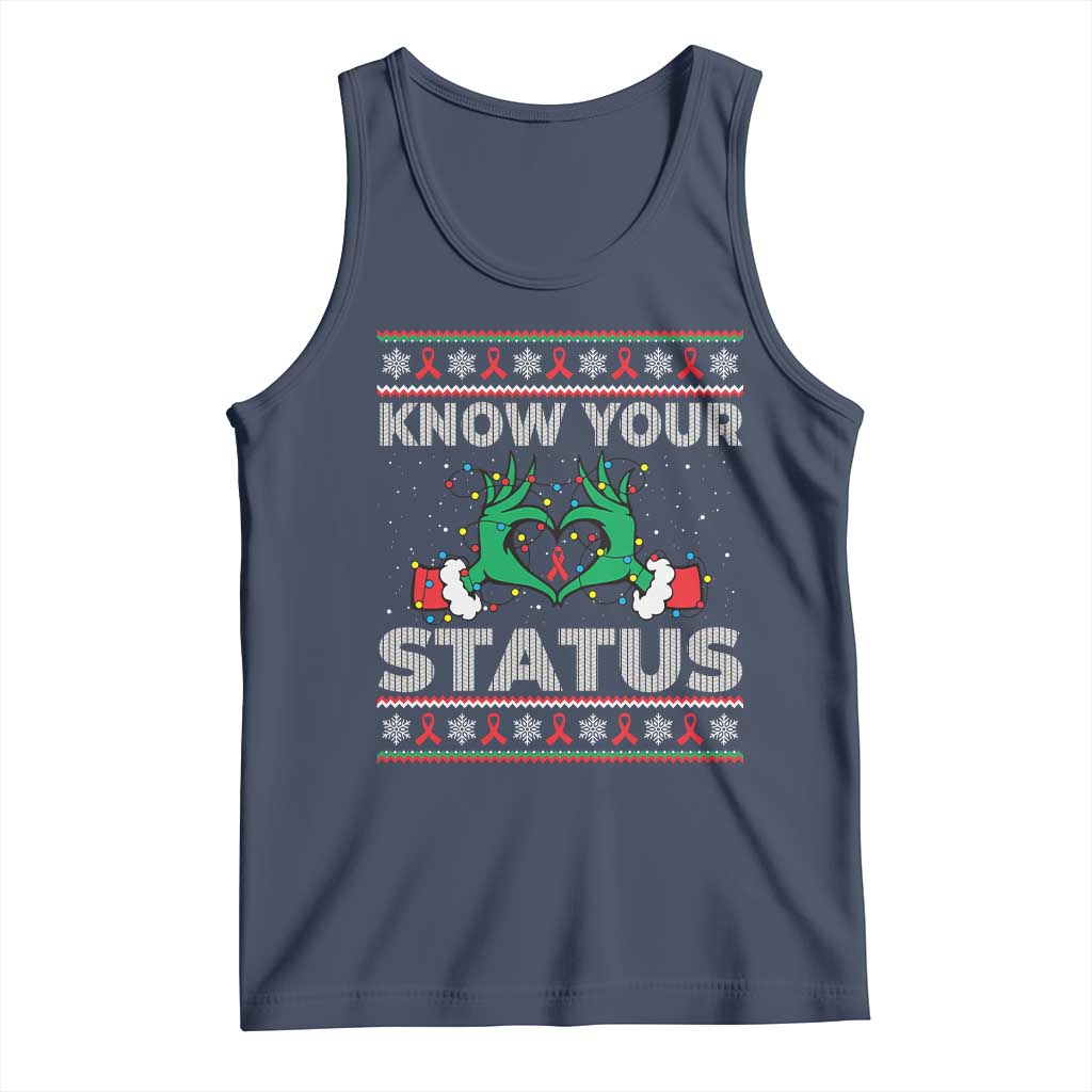 Know Your Status HIV Awareness Gift Tank Top Ugly Sweater Green Hand Red Ribbon - Wonder Print Shop