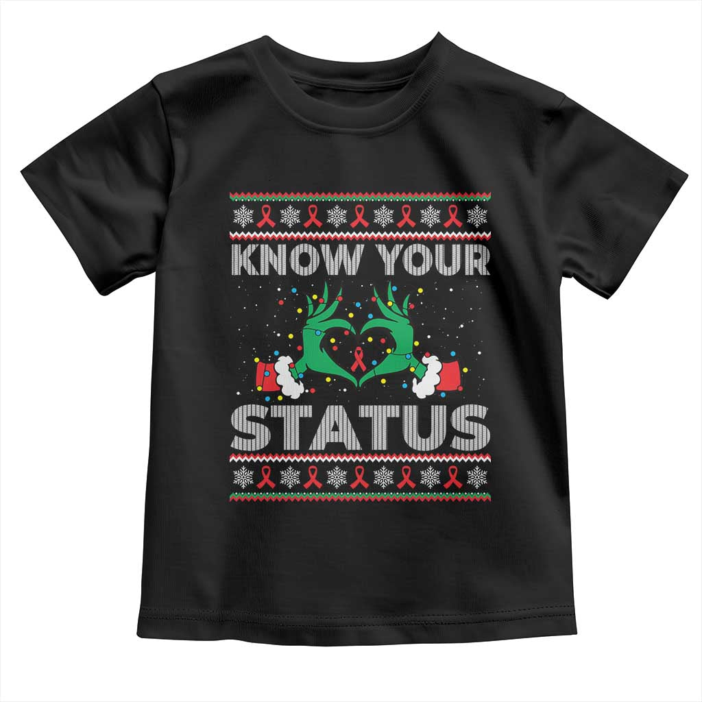 Know Your Status HIV Awareness Gift Toddler T Shirt Ugly Sweater Green Hand Red Ribbon - Wonder Print Shop