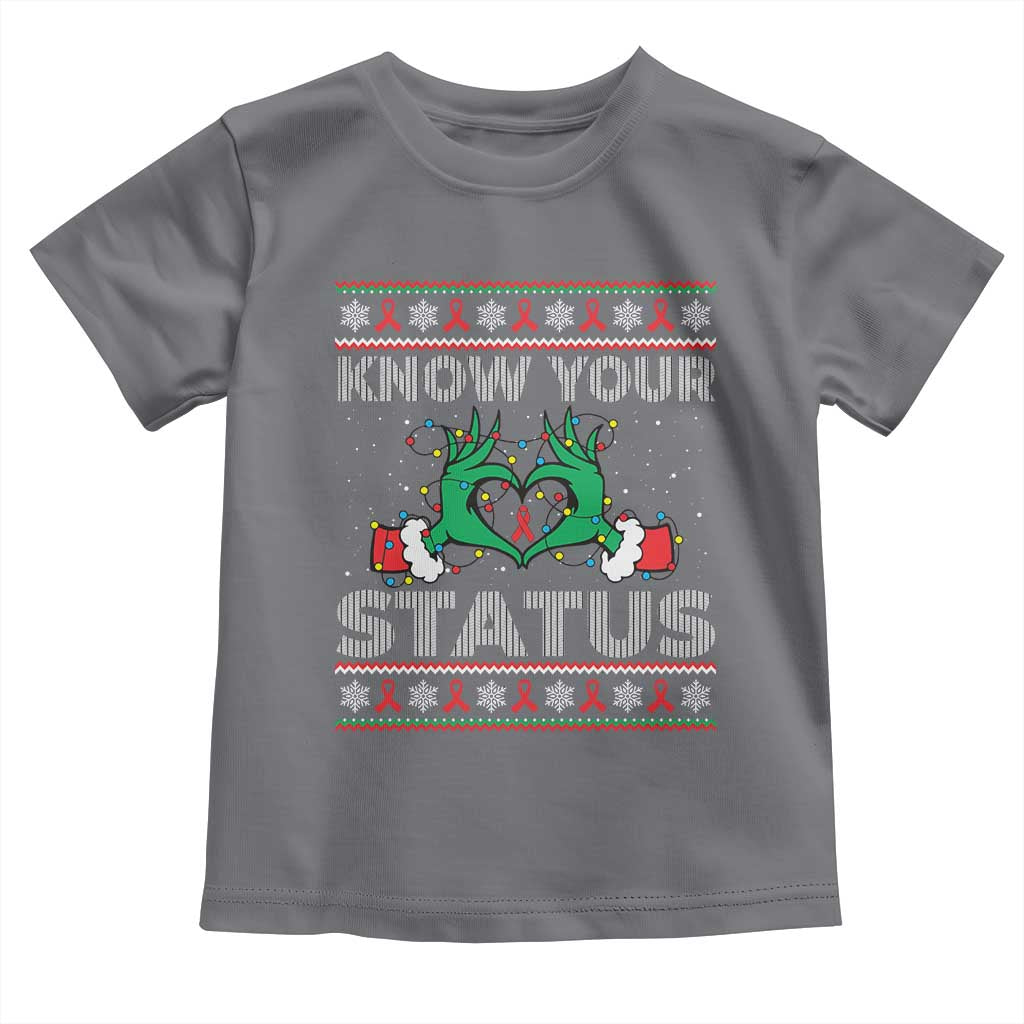Know Your Status HIV Awareness Gift Toddler T Shirt Ugly Sweater Green Hand Red Ribbon - Wonder Print Shop