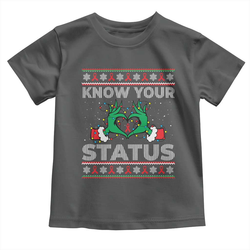 Know Your Status HIV Awareness Gift Toddler T Shirt Ugly Sweater Green Hand Red Ribbon - Wonder Print Shop