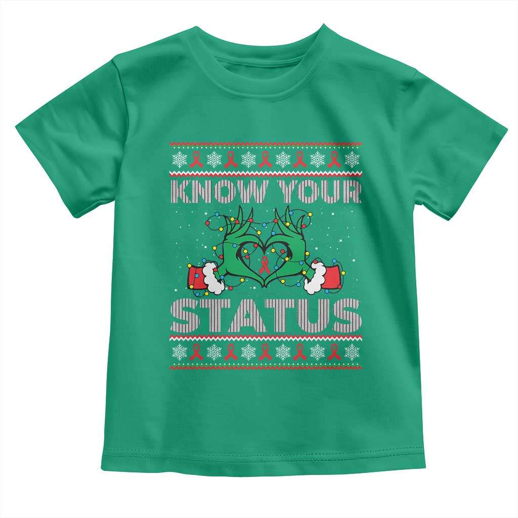Know Your Status HIV Awareness Gift Toddler T Shirt Ugly Sweater Green Hand Red Ribbon - Wonder Print Shop