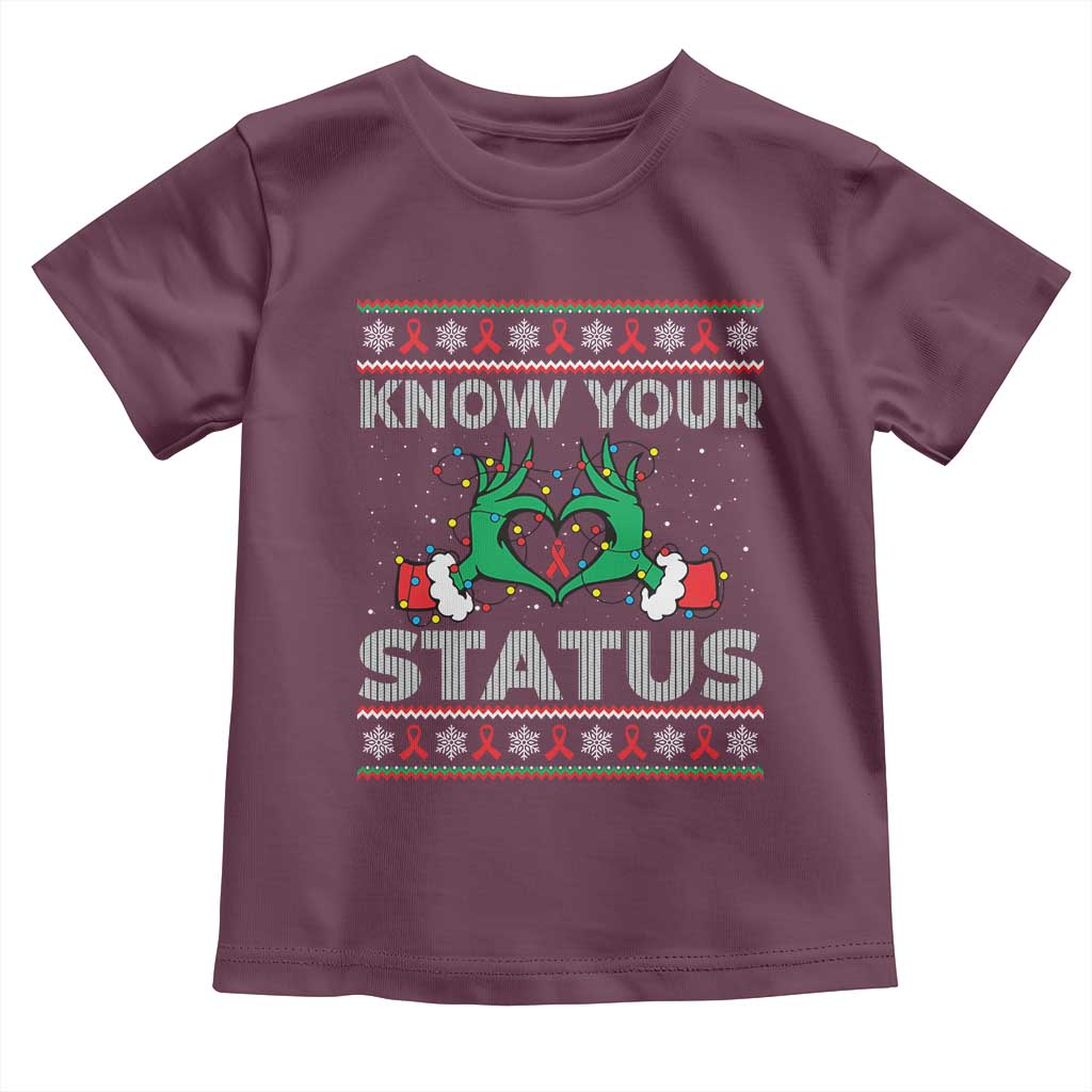 Know Your Status HIV Awareness Gift Toddler T Shirt Ugly Sweater Green Hand Red Ribbon - Wonder Print Shop