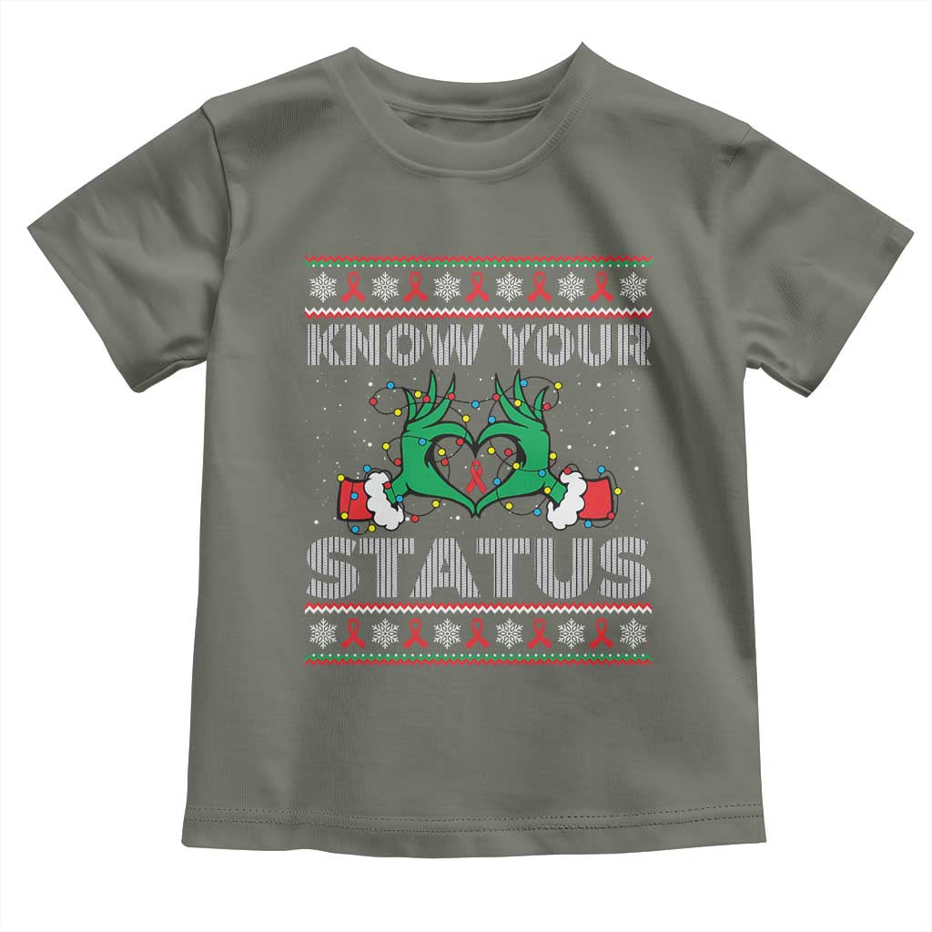 Know Your Status HIV Awareness Gift Toddler T Shirt Ugly Sweater Green Hand Red Ribbon - Wonder Print Shop