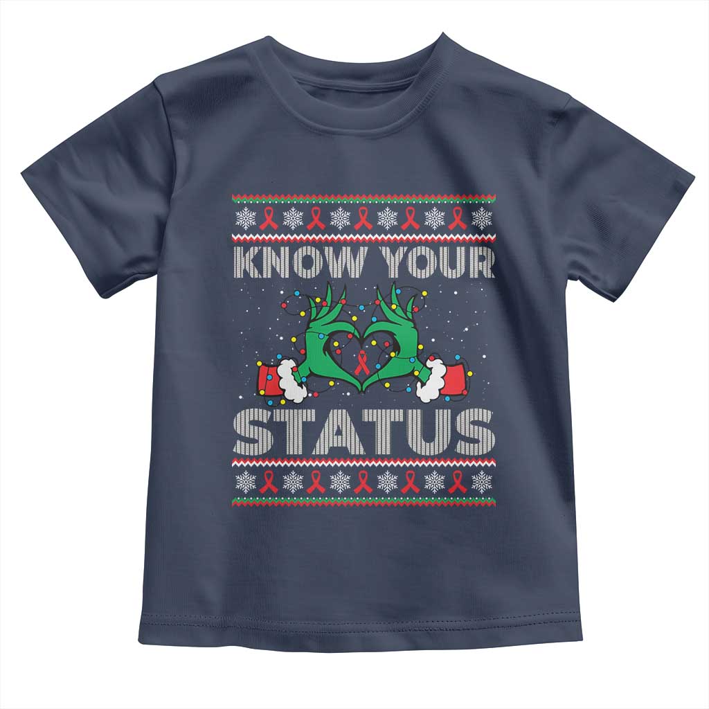 Know Your Status HIV Awareness Gift Toddler T Shirt Ugly Sweater Green Hand Red Ribbon - Wonder Print Shop