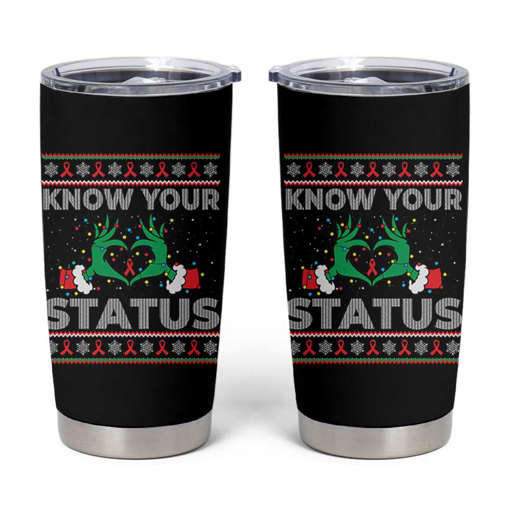 Know Your Status HIV Awareness Gift Tumbler Cup Ugly Sweater Green Hand Red Ribbon - Wonder Print Shop
