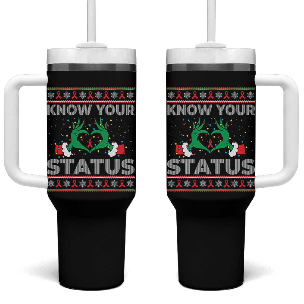 Know Your Status HIV Awareness Gift Tumbler With Handle Ugly Sweater Green Hand Red Ribbon - Wonder Print Shop