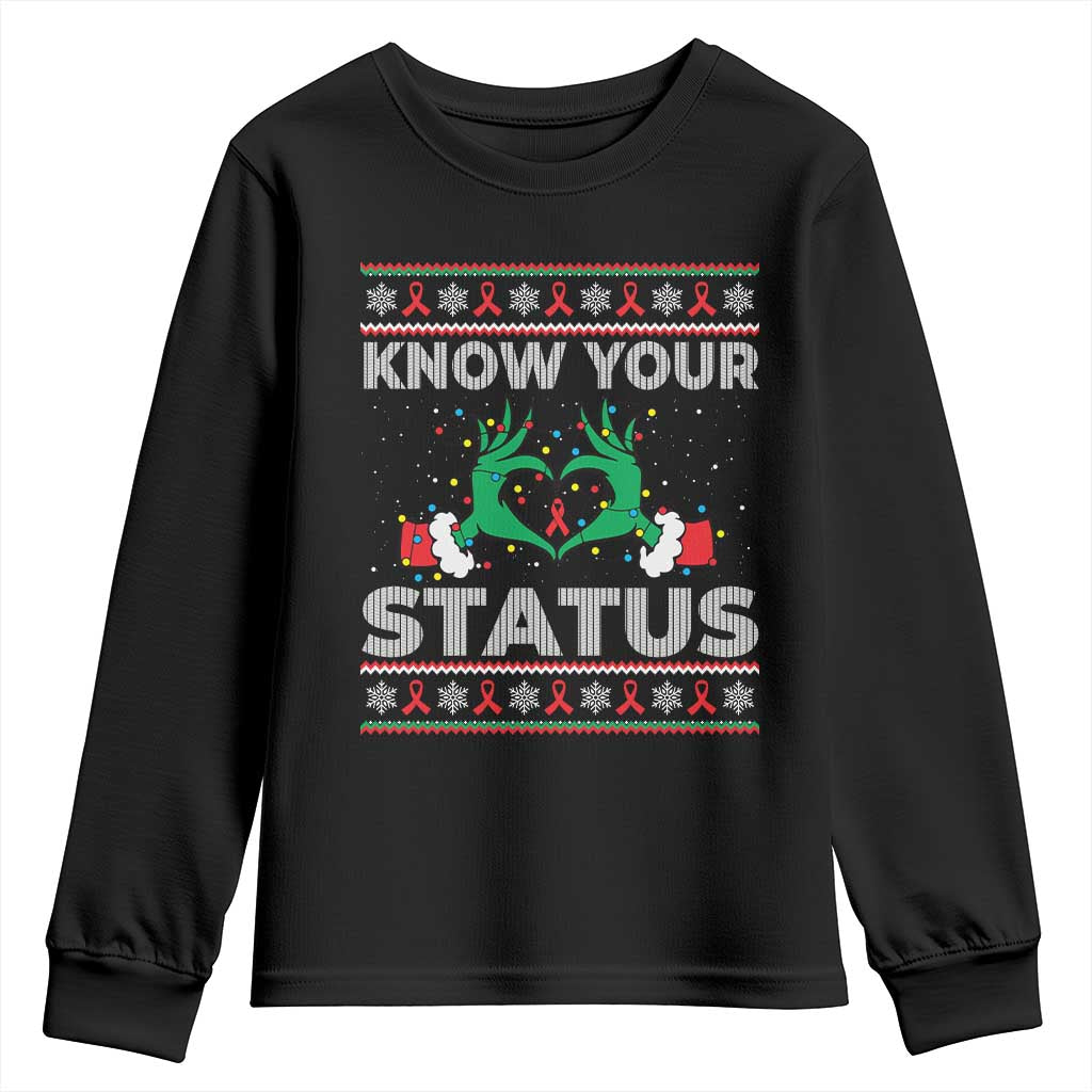 Know Your Status HIV Awareness Gift Youth Sweatshirt Ugly Sweater Green Hand Red Ribbon - Wonder Print Shop