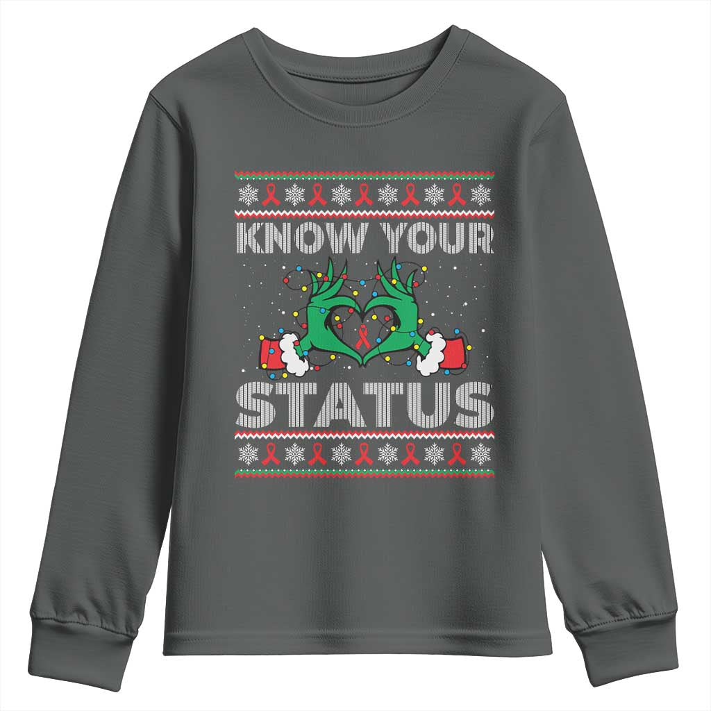 Know Your Status HIV Awareness Gift Youth Sweatshirt Ugly Sweater Green Hand Red Ribbon - Wonder Print Shop