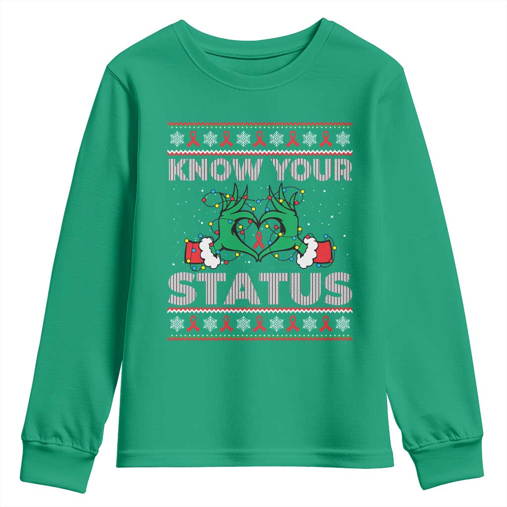 Know Your Status HIV Awareness Gift Youth Sweatshirt Ugly Sweater Green Hand Red Ribbon - Wonder Print Shop