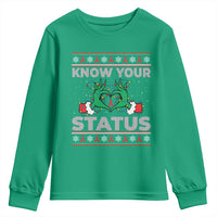 Know Your Status HIV Awareness Gift Youth Sweatshirt Ugly Sweater Green Hand Red Ribbon - Wonder Print Shop