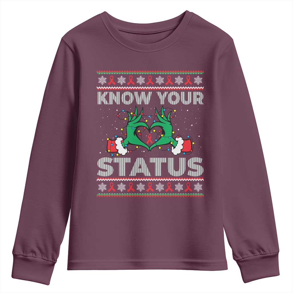 Know Your Status HIV Awareness Gift Youth Sweatshirt Ugly Sweater Green Hand Red Ribbon - Wonder Print Shop