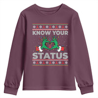 Know Your Status HIV Awareness Gift Youth Sweatshirt Ugly Sweater Green Hand Red Ribbon - Wonder Print Shop