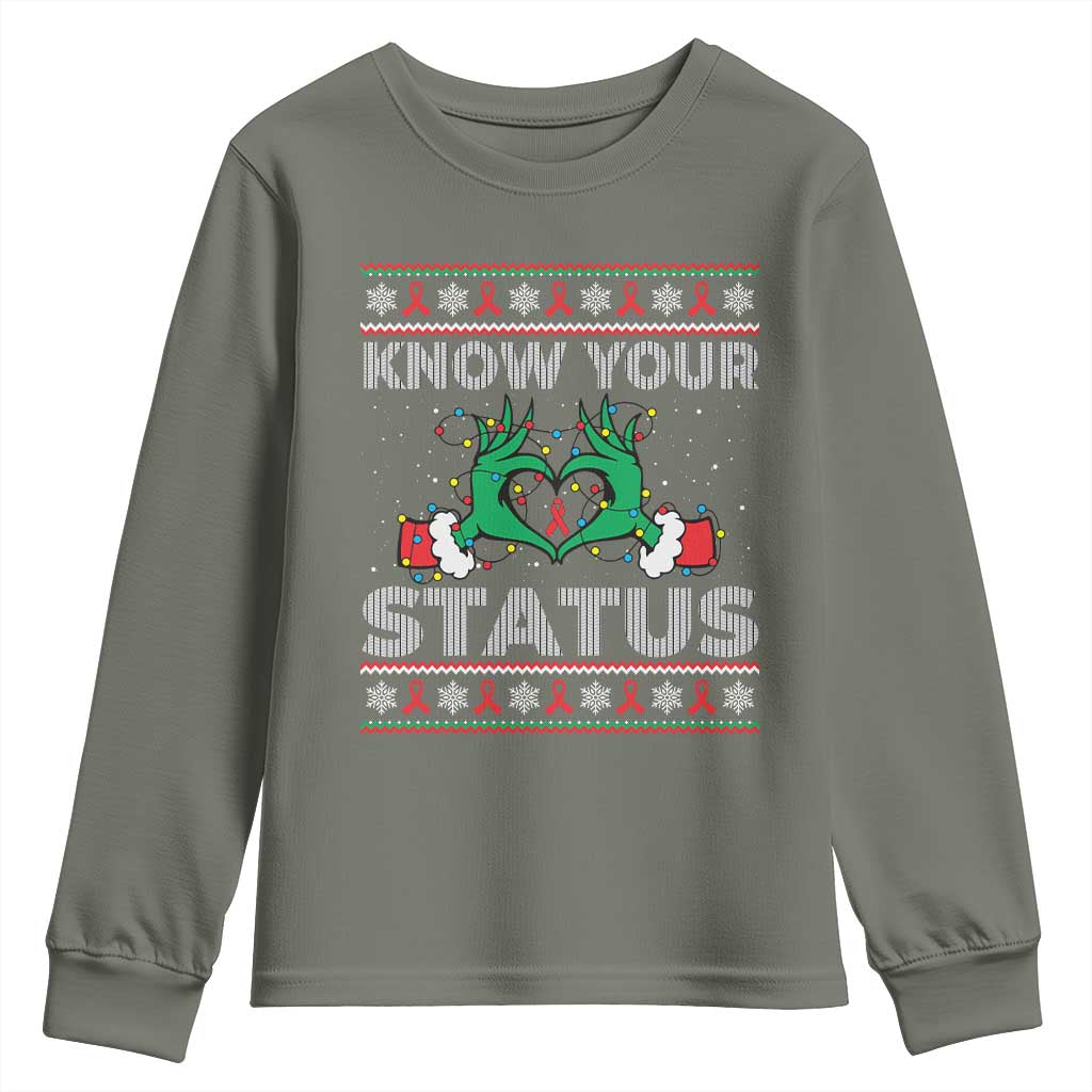 Know Your Status HIV Awareness Gift Youth Sweatshirt Ugly Sweater Green Hand Red Ribbon - Wonder Print Shop