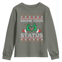 Know Your Status HIV Awareness Gift Youth Sweatshirt Ugly Sweater Green Hand Red Ribbon - Wonder Print Shop