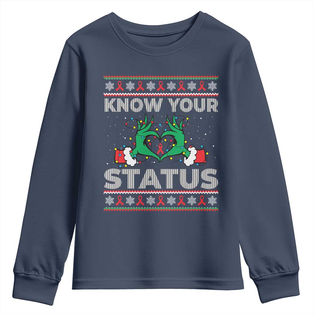 Know Your Status HIV Awareness Gift Youth Sweatshirt Ugly Sweater Green Hand Red Ribbon - Wonder Print Shop