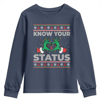 Know Your Status HIV Awareness Gift Youth Sweatshirt Ugly Sweater Green Hand Red Ribbon - Wonder Print Shop