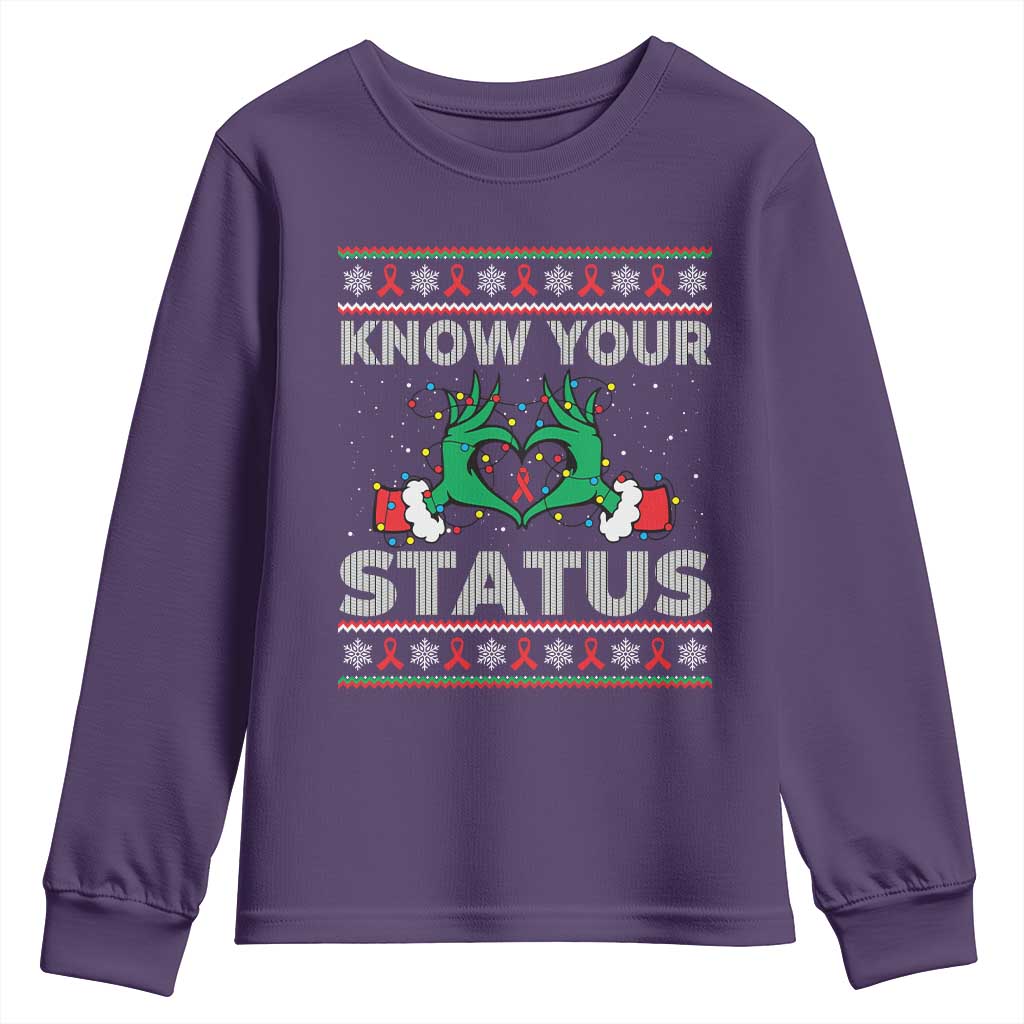 Know Your Status HIV Awareness Gift Youth Sweatshirt Ugly Sweater Green Hand Red Ribbon - Wonder Print Shop