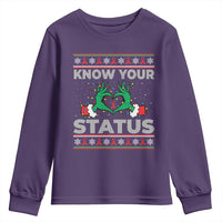 Know Your Status HIV Awareness Gift Youth Sweatshirt Ugly Sweater Green Hand Red Ribbon - Wonder Print Shop
