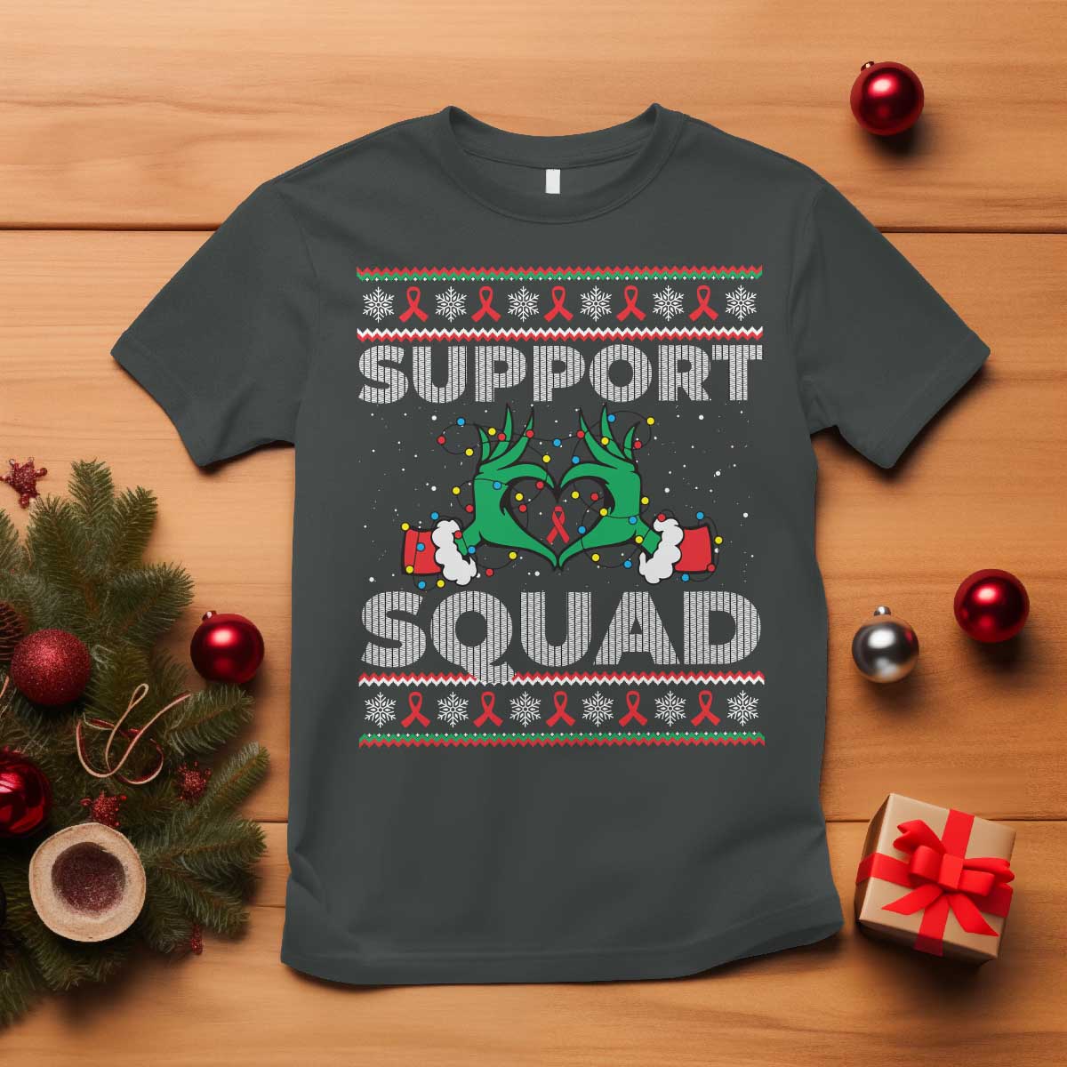 Support Squad HIV Awareness Gift T Shirt Green Hand Red Ribbon Ugly Sweater Christmas Gift - Wonder Print Shop