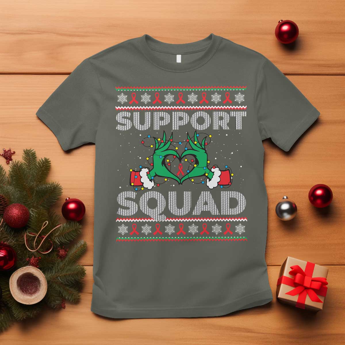 Support Squad HIV Awareness Gift T Shirt Green Hand Red Ribbon Ugly Sweater Christmas Gift - Wonder Print Shop