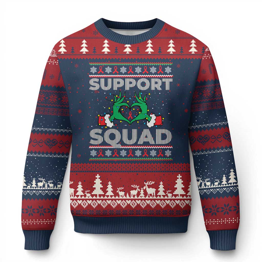 Support Squad HIV Awareness Gift Ugly Christmas Sweater Green Hand Red Ribbon Ugly Sweater Xmas Gift - Wonder Print Shop