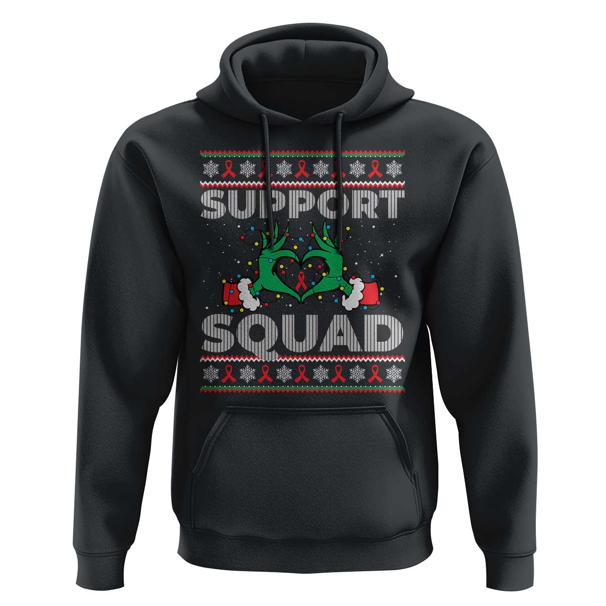 Support Squad HIV Awareness Gift Hoodie Green Hand Red Ribbon Ugly Sweater Christmas Gift - Wonder Print Shop