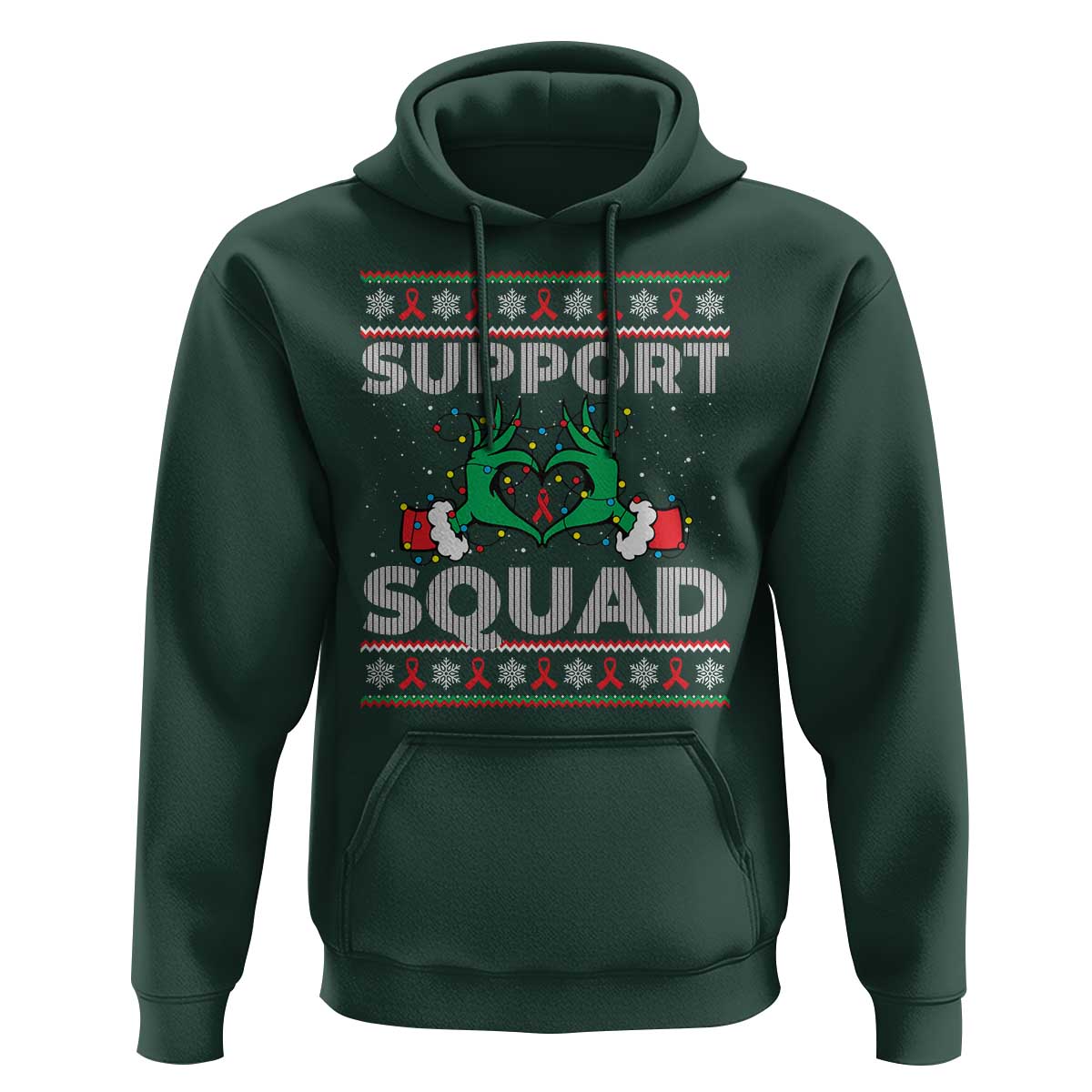 Support Squad HIV Awareness Gift Hoodie Green Hand Red Ribbon Ugly Sweater Christmas Gift - Wonder Print Shop