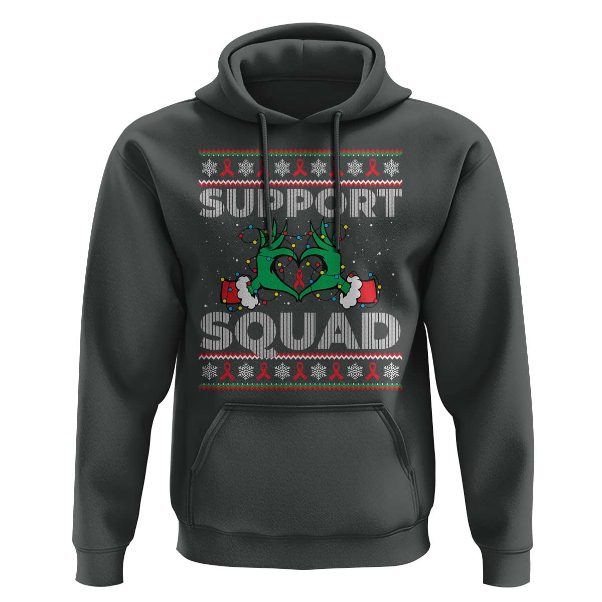 Support Squad HIV Awareness Gift Hoodie Green Hand Red Ribbon Ugly Sweater Christmas Gift - Wonder Print Shop