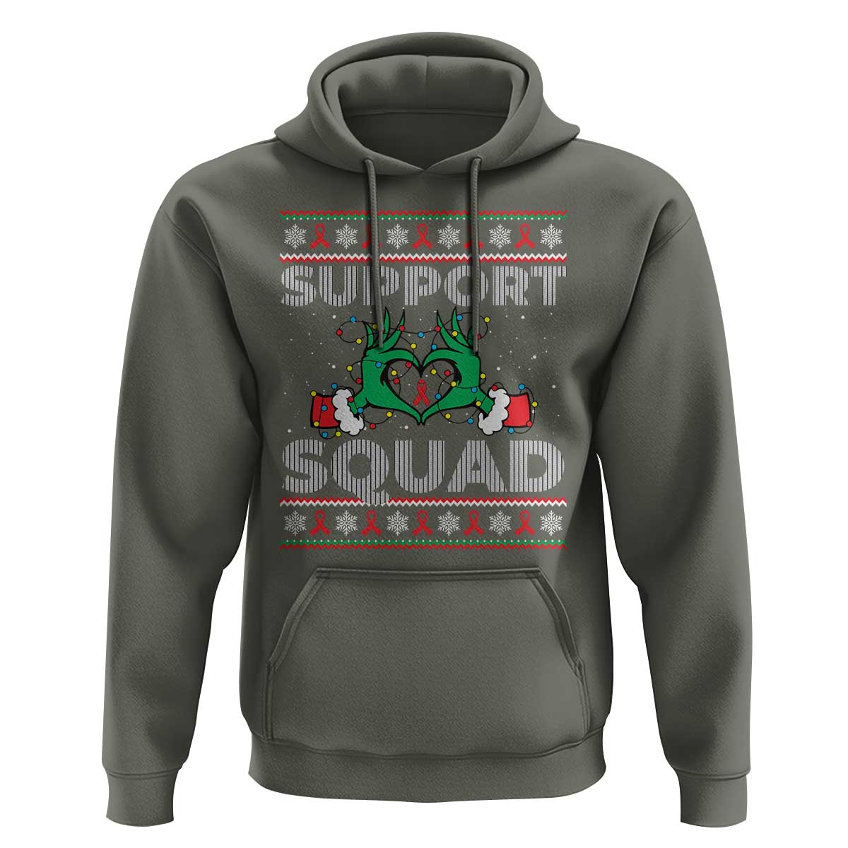 Support Squad HIV Awareness Gift Hoodie Green Hand Red Ribbon Ugly Sweater Christmas Gift - Wonder Print Shop