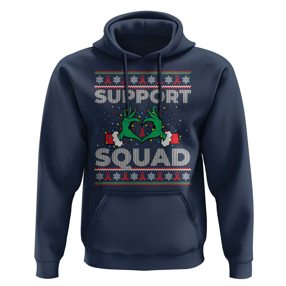 Support Squad HIV Awareness Gift Hoodie Green Hand Red Ribbon Ugly Sweater Christmas Gift - Wonder Print Shop