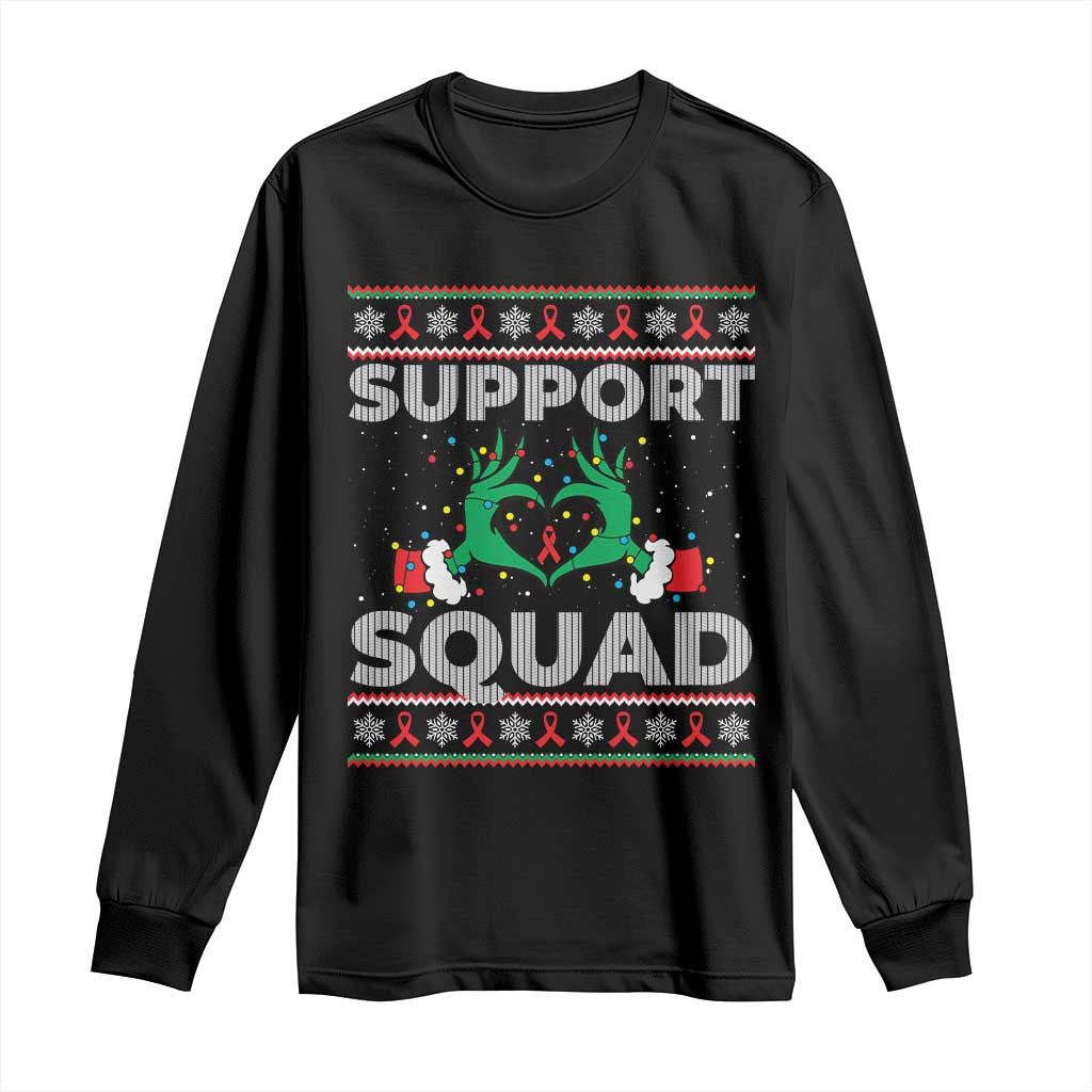 Support Squad HIV Awareness Gift Long Sleeve Shirt Green Hand Red Ribbon Ugly Sweater Christmas Gift - Wonder Print Shop